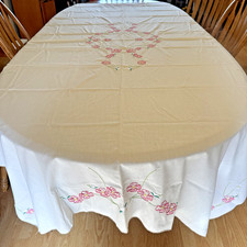 Vintage Homemade Hand Embroidered Table Cloth Tablecloth Floral 100" by 57"