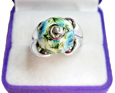 Vintage 925 Sterling Silver Ceramic Floral Ring Size 8.5 Statement Jewelry