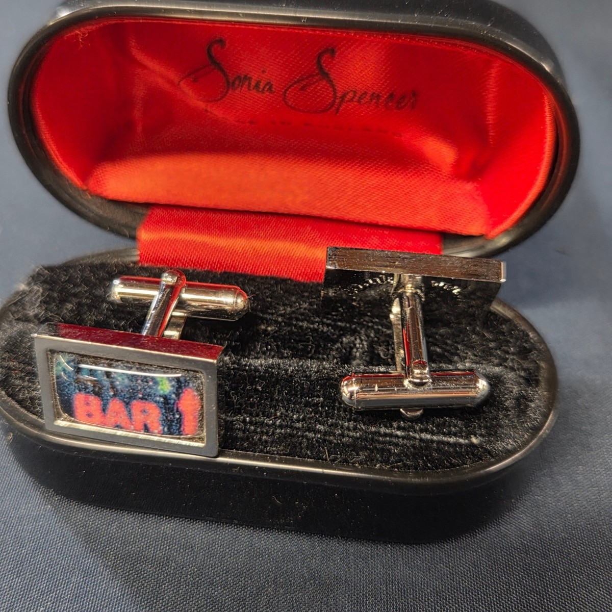 Sonia Spencer Cufflinks Mens OS Silver Blue Bar  Made in England View 5