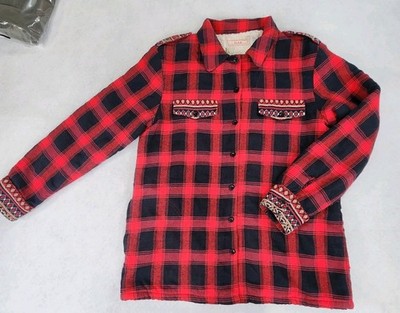 HFK Flannel Sherpa M Shacket Jacket Red Blue Plaid Button Up Pockets Barn Coat