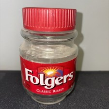 Folgers Instant Freeze Dry Coffee Crystals Glass Jar Mountain Sunrise Label Cup
