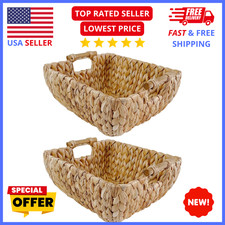 Small Wicker Baskets Set of 2   12in Handwoven Hyacinth Storage Bins w/ Handles