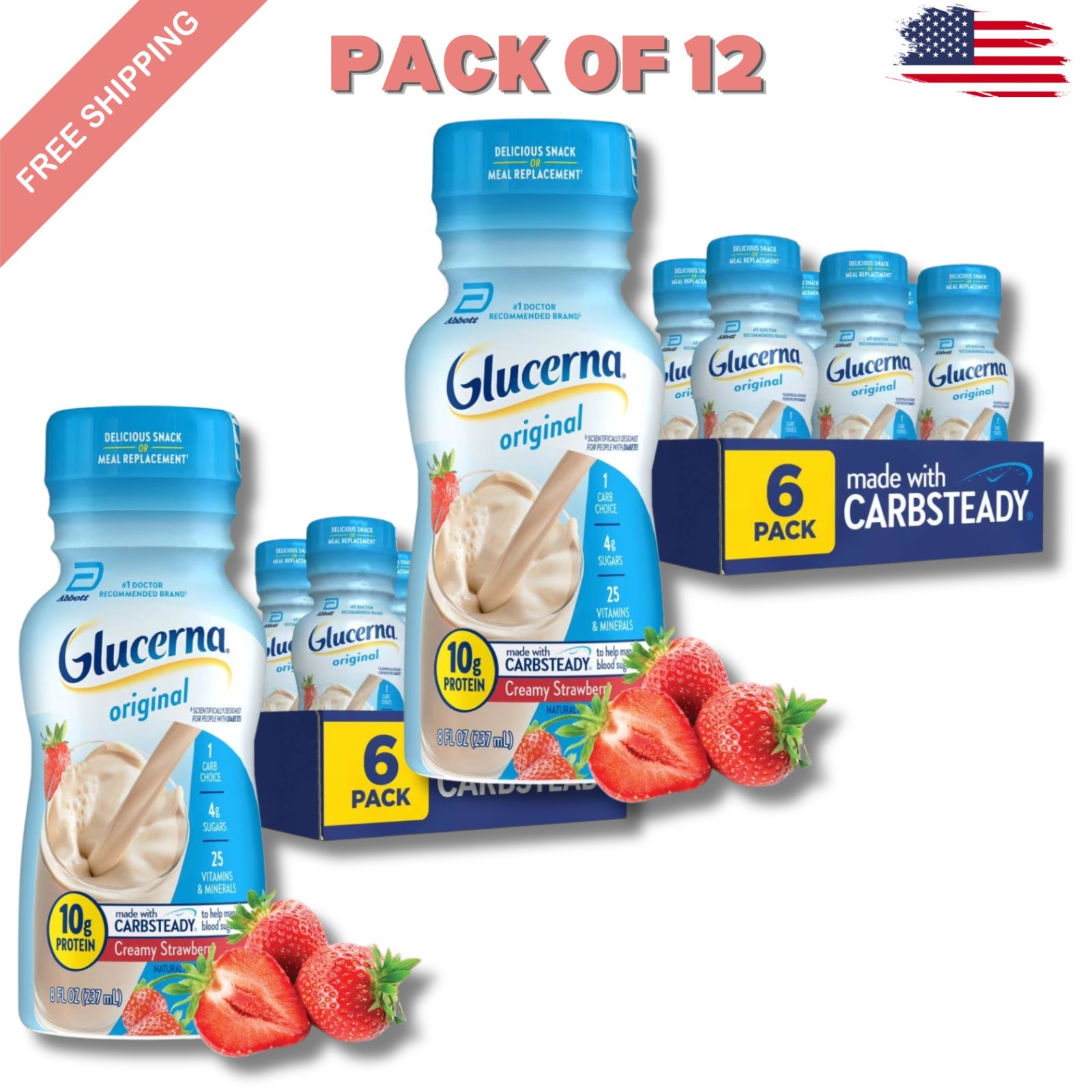 Glucerna Original Diabetic Protein Shake, Classic Butter Pecan, 8 fl 12 Bottles