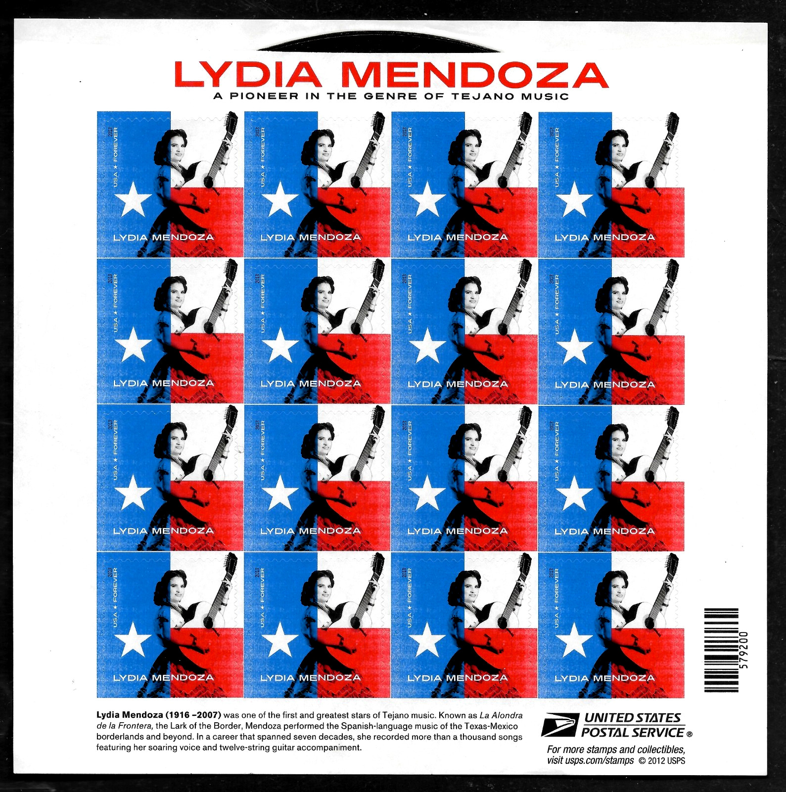 LYDIA MENDOZA EE. UU. 2013 SCOTT #4786 ICONO DE LA MÚSICA TEJANA MVF FOREVER HOJA DE 16 SELLOS