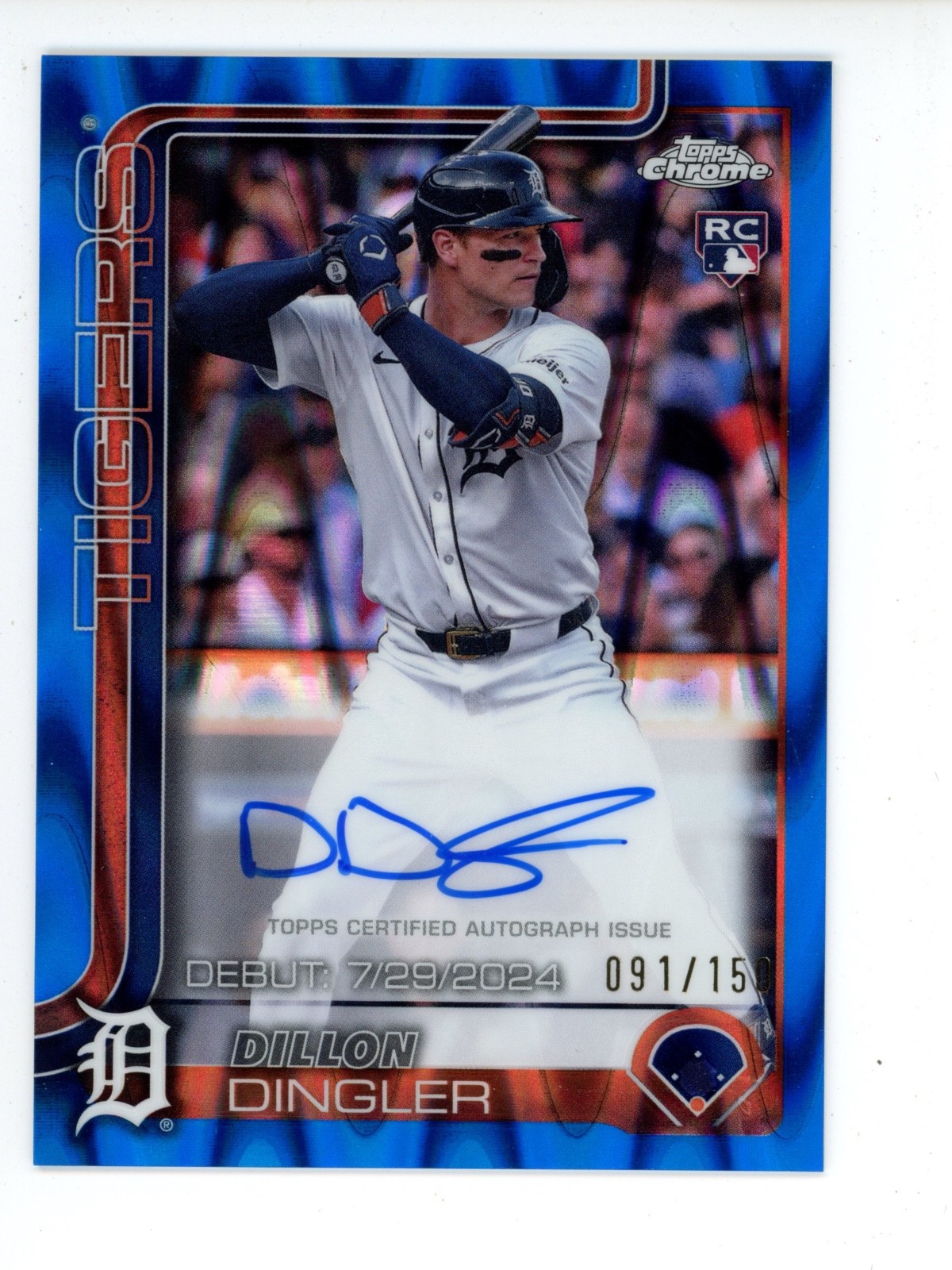 DILLON DINGLER 2025 TOPPS CHROME ROOKIE DEBUT BLUE RAYWAVE RC AUTO /150