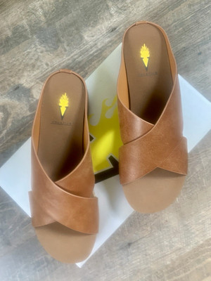 Volatile Women s Brown Leather Boho Crisscross Strap Slide Sandals Slip On US 8