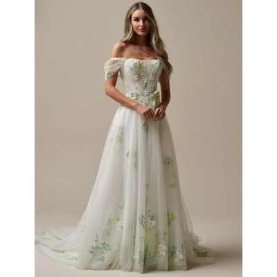 Green 3D Flowers A-line Wedding Dress Off Shoulder Court Train Evening Dresses