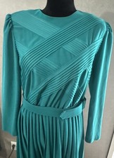 Vintage 80s Bedford Fair Pleated Midi Dress Pintuck Bodice Secretary Teal Green
