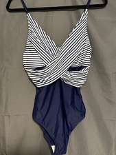Women  s Blue  White One Piece Bathing Suit Large NEW