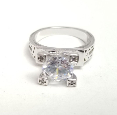 Vintage Big Solitare Silver Tone Rhinestone Ring, Unique Design, Estate