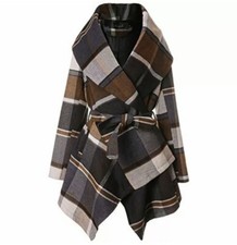 Chicwish Nwot Xl Shawl Collar Brown Grey Plaid Check Print Wool Belted Coat