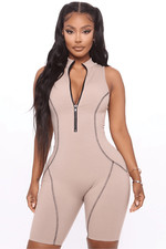 Fashion Nova Sport Mode Taupe Ribbed Sleeveless Romper  Size Large