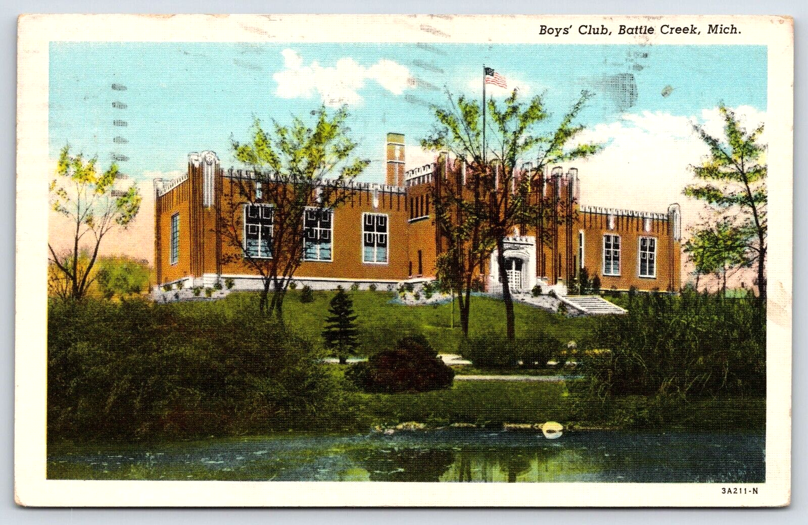 Vintage Old Antique Postcard Boys Club Building Pond Battle Creek Michigan USA
