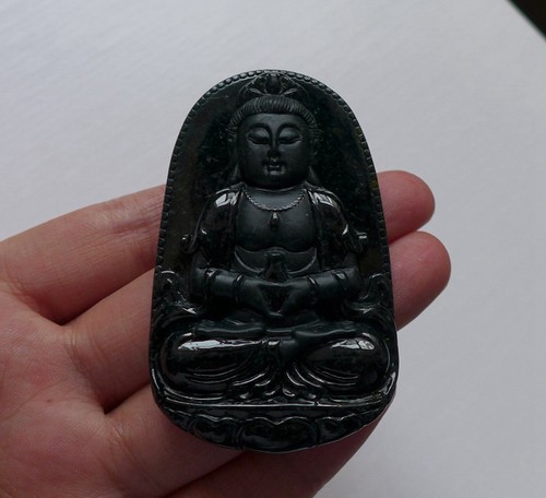 Cert'd Fine Natural Type A Greenblack Jadeite Jade Vivid Kwan-yin Pendant - Picture 2 of 12