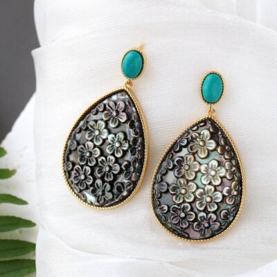 D10 Black Shell Flower Drop Earrings Silver 925 Gold Plated