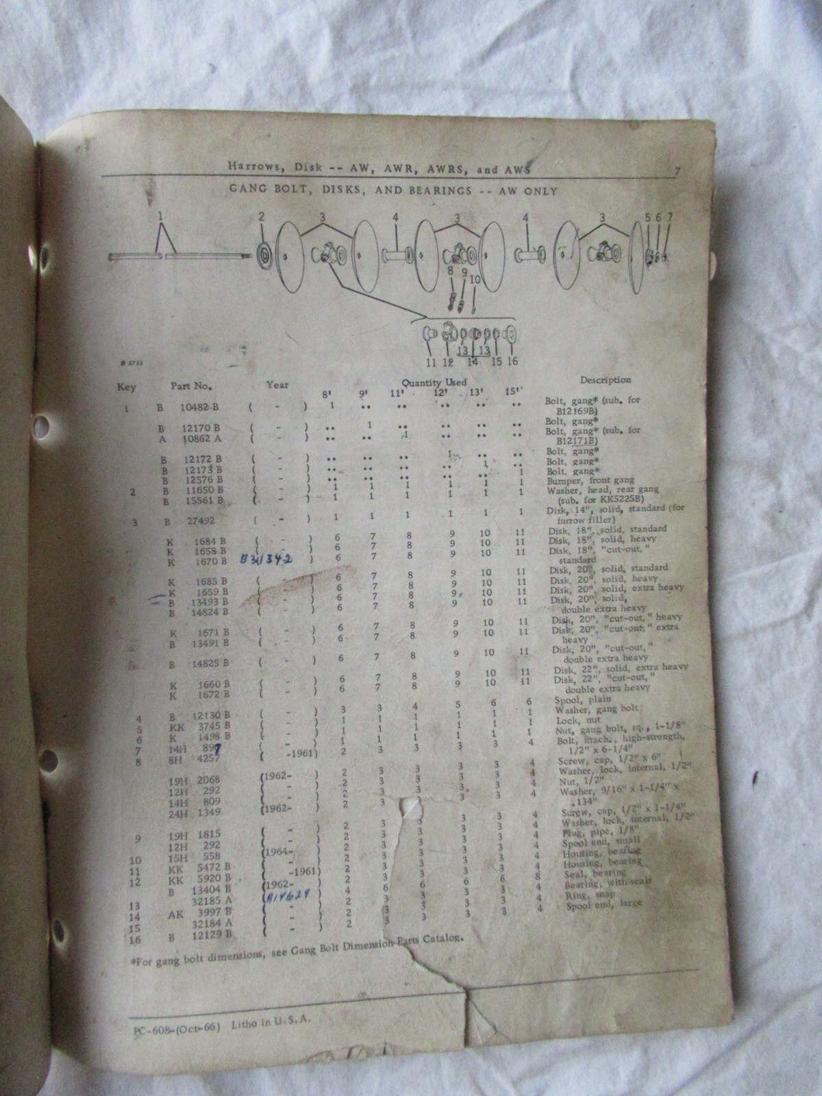 1966 John Deere AW AWR AWRS AWS Disk Harrows Parts Catalog Manual Book