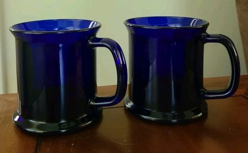 2 Large Vintage Cobalt Blue Glass Coffee Mugs 10 oz USA Flared Top lot set