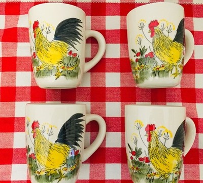4 Paula Deen Southern Rooster Ceramic Hand Painted Mugs C024 VGC