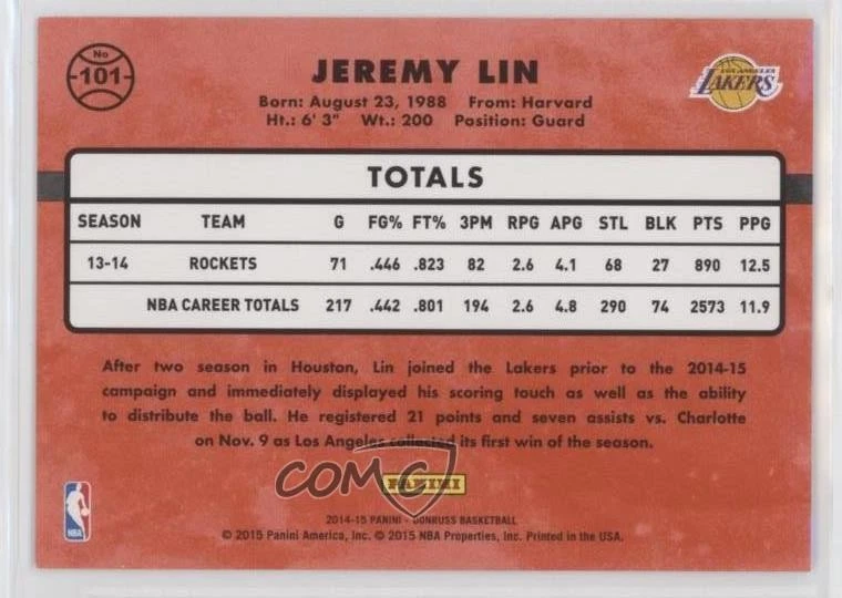 2014-15 Panini Donruss Stat Line Silver Season /294 Jeremy Lin #101 - Image 2 of 2