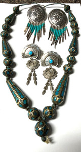 Vintage Southwestern Style Turquoise Sterling Silver Earrings + Artisan Necklace