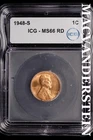 1948-S Lincoln Wheat Cent-ICG MS 66 RD Choice Gem BU No Reserve #SLL884