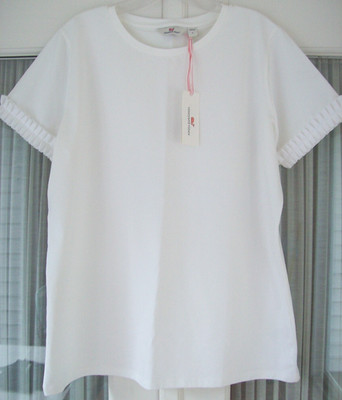 nwt $58 VINEYARD VINES White Cap Stretch T Shirt Top Box Pleat Sleeve Trim Whale