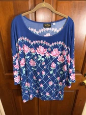 Womens Plus Size 1X Bob Mackie Rose Trellis Print Knit Top - Blue Pink Floral 