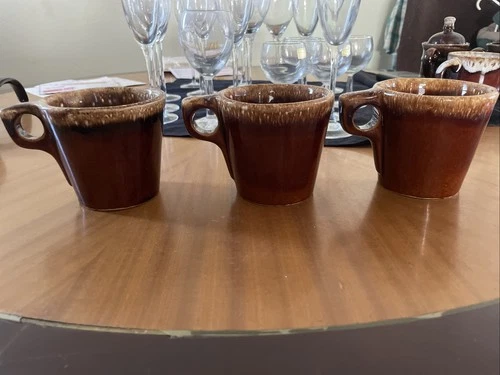 3 Vintage Hull Pottery Coffee Cups Brown Drip Glaze Oven Proof USA