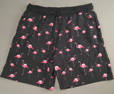 Swim Trunks Mens XL Black Lined Elastic Waist Drawstring Pocket Pink Flamingos