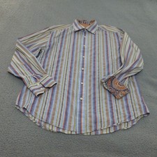 Robert Graham Shirt Mens 2XL Striped Button Up Flip Cuff Blue Paisley Art