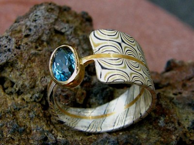 Unikat Ring Silber 925 Gold 900, 750 Palladium 500 Mokume Gane Aquamarin