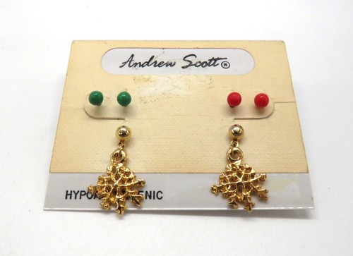 Andrew Scott Earrings Set Gold Tone Snowflake Earrings Red Green Studs New - Picture 3 of 5