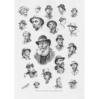 ALLGEMEINE WAHL Gesichter der Kurfürsten an den Wahlkabinen - antiker Druck 1892