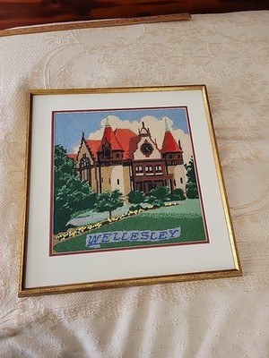 Vtg Wellesley Town Hall Needlepoint MA Framed College Graduation History Large