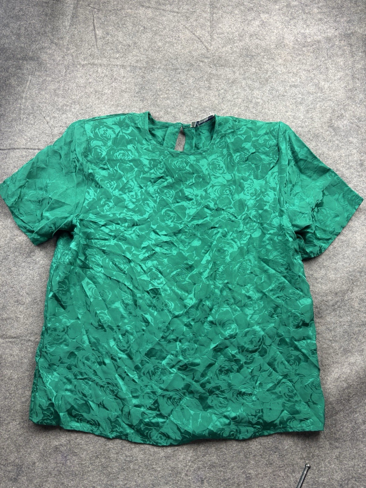 VTG Anna And Frank Women’s S Short Sleeve Floral Jacquard 100% Silk Blouse Green