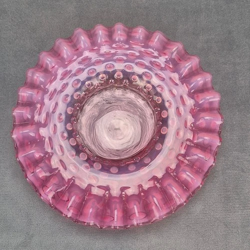 Fenton Hobnail Crimped Ruffled Edge Cranberry Vintage Opalescent Dish Plate
