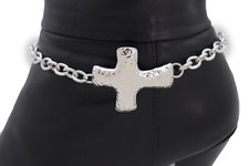 Women Boot Silver Metal Chain Bracelet Shoe Religious Cross Charm Bling Anklet