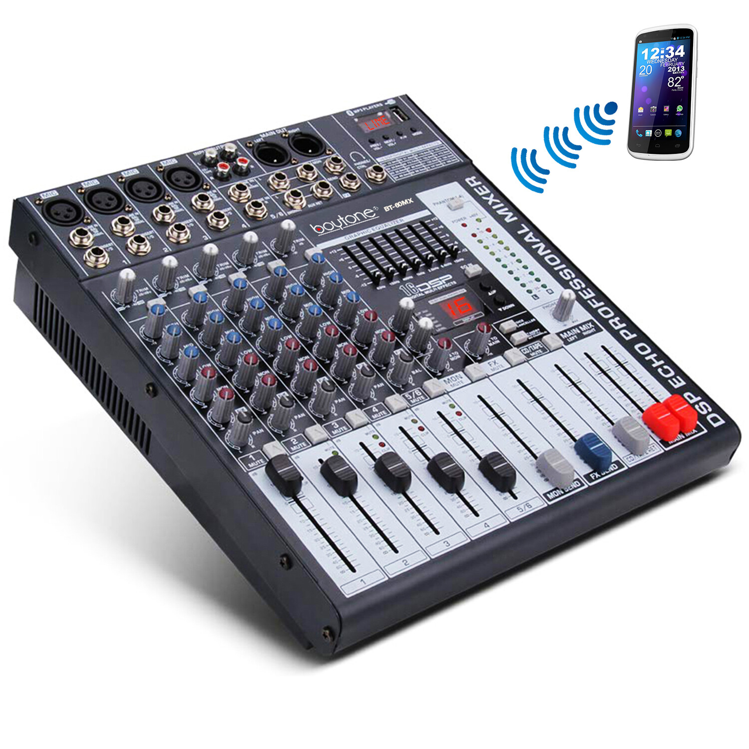 BOYTONE 6 Channel BLUETOOTH Audio Mixer USB Port, 7 Band EQ, 16 DSP Effects