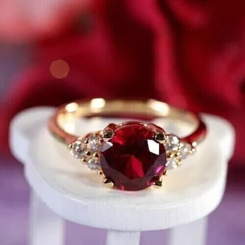 2CT Round Cut Lab Created Red Ruby Women's Engagement Ring 14K Rose Gold Plated - Picture 1 of 7