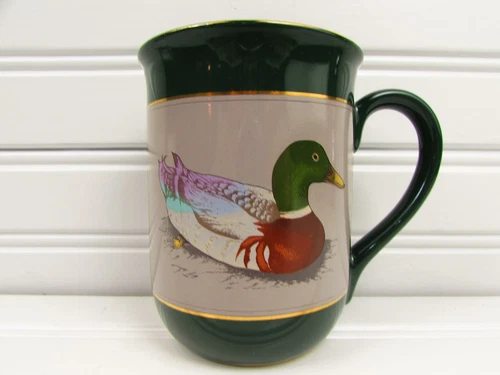Mallard Duck Otagiri Gibson Greetings Coffee Mug Tea Cup Green Gold Trim b314