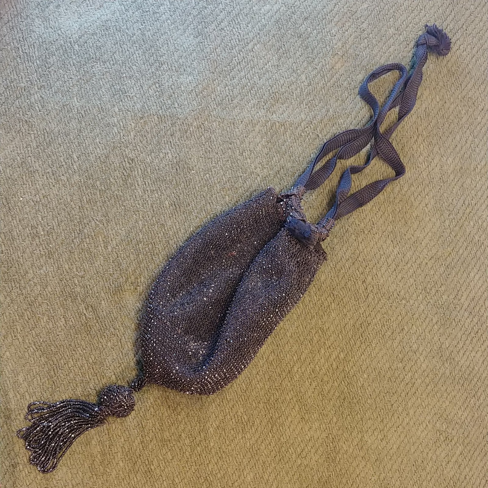 Vintage Black Beaded Flapper Drawstring Purse Bag… - image 1