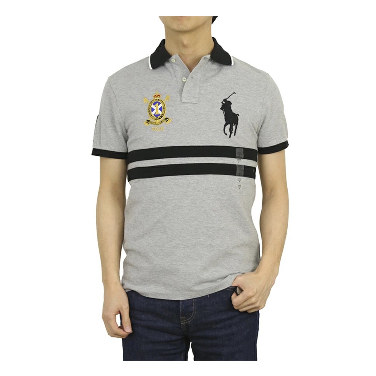Рубашка поло Polo Ralph Lauren Custom Slim Fit - Серая с полосками на груди - Размер S: Большой
