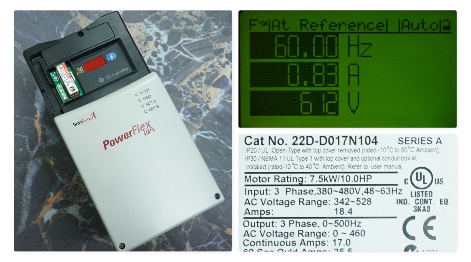 Allen-Bradley 22D-D017N104 PowerFlex 40P 10 HP w/22-COMM-E Ethernet