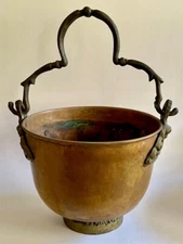 Antique French Hand Hammered Copper Pot Cast Iron Swing Handle C1920 Primitive