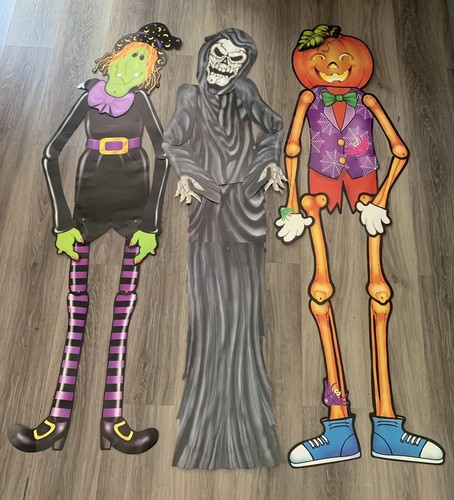 3 Vintage Halloween Decoration Jointed Die Cut Happy Jack, Witch & Ghoul 60”