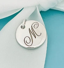 Tiffany Silver Letter M Alphabet Initial Round Circle Notes Charm Pendant
