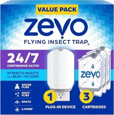 Zevo Flying Insect Trap & 3 Cartridges - Plug in Fly Trap & Indoor Bug Catcher f