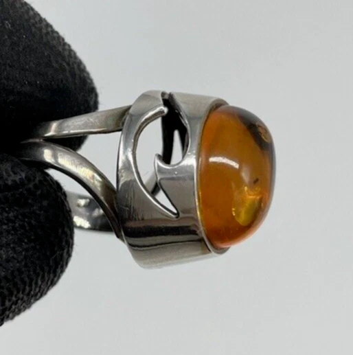 Anello Donna Ambra naturale arancione Ovale Argento925 rodiato Elegante Vintage - Immagine 2 di 4