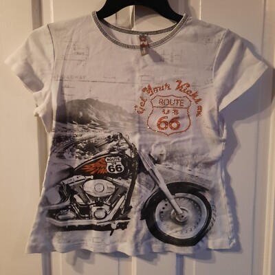 Route 66 White Motorcycle Graphic Tshirt  Sz Medium Cap sleeves bling