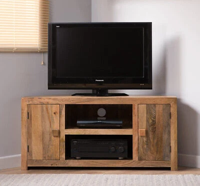 DAKOTA LIGHT MANGO CORNER TV UNIT CABINET SHELVES SOLID WOOD